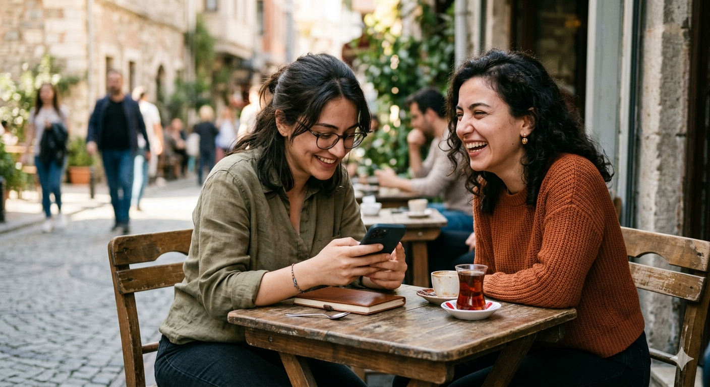 İki arkadaş kafede, biri diğerine telefondan birini tanıtıyor